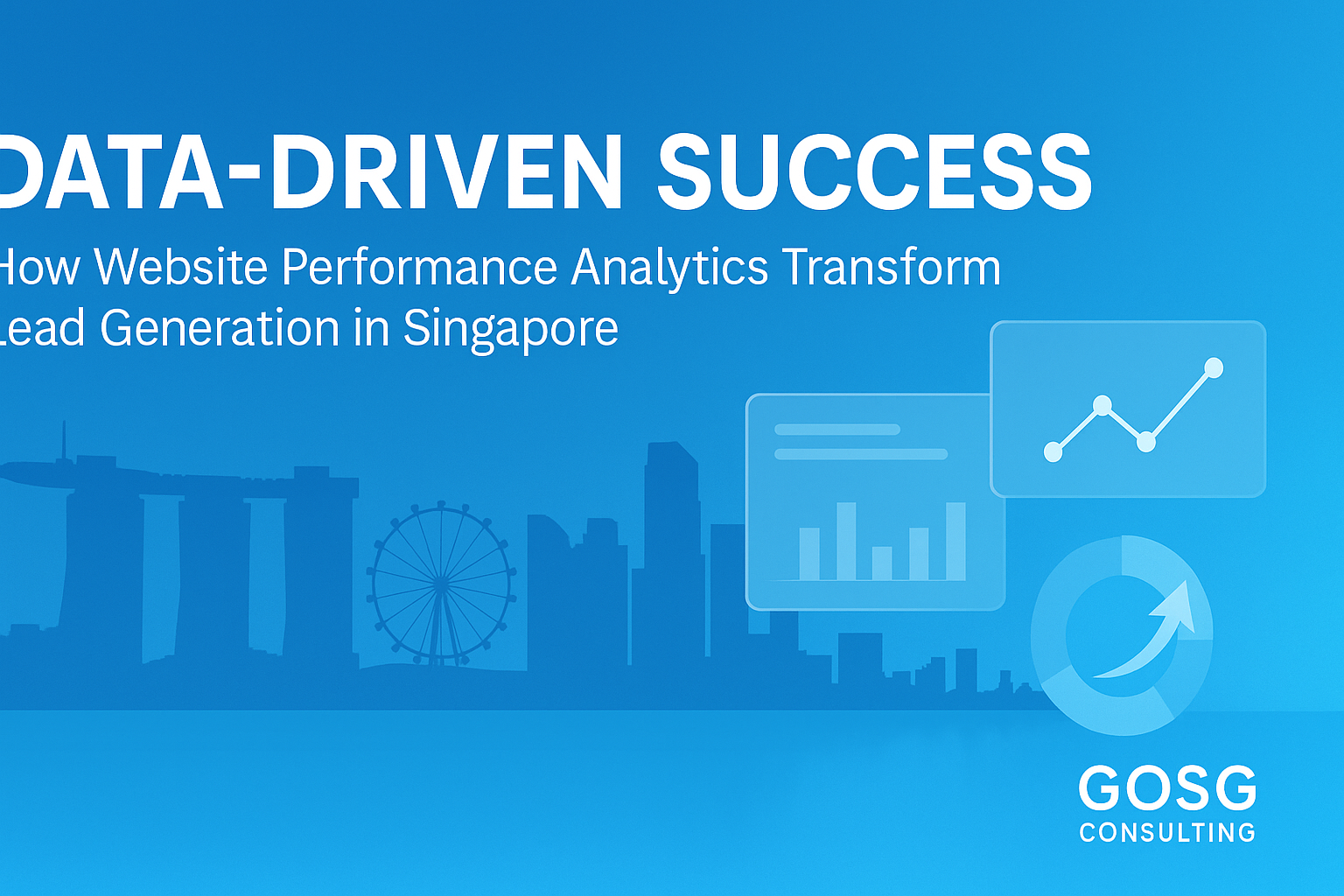 Data-driven success banner with Singapore skyline and analytics dashboard icons