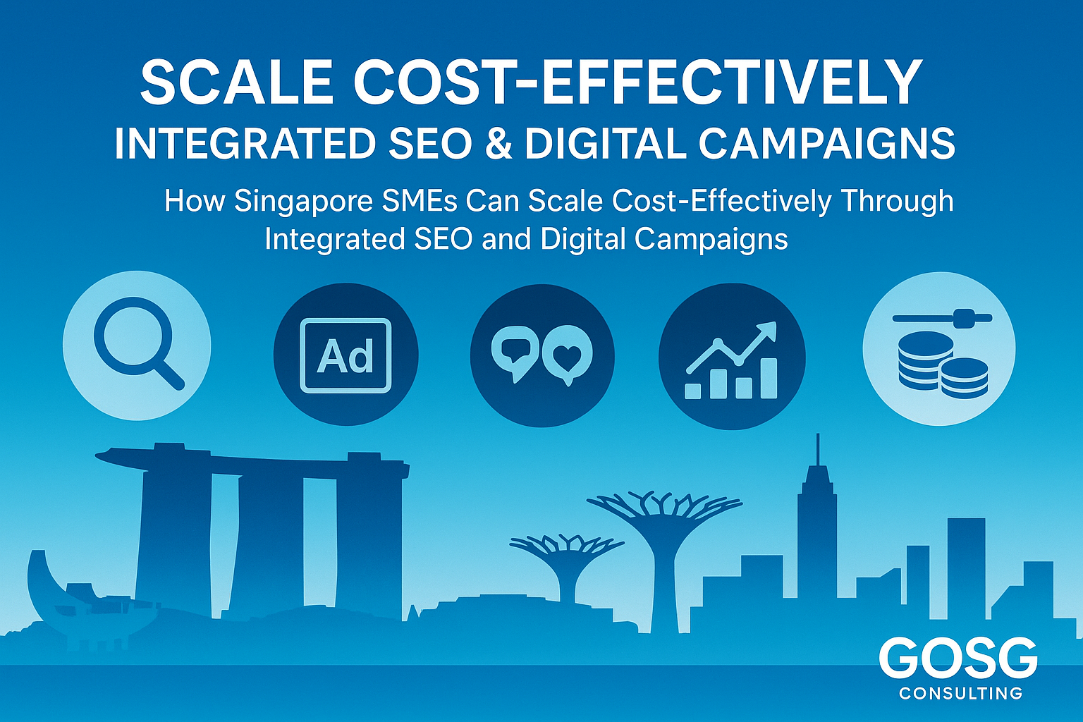 Singapore SME banner showing integrated SEO, ads, social, analytics, and cost-efficiency icons over the city skyline